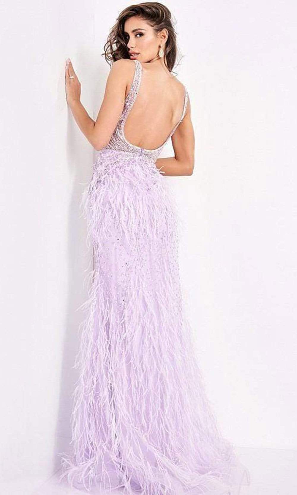 03023 Sheer Bodice Beaded Adorned Feather Fitted Evening Gown