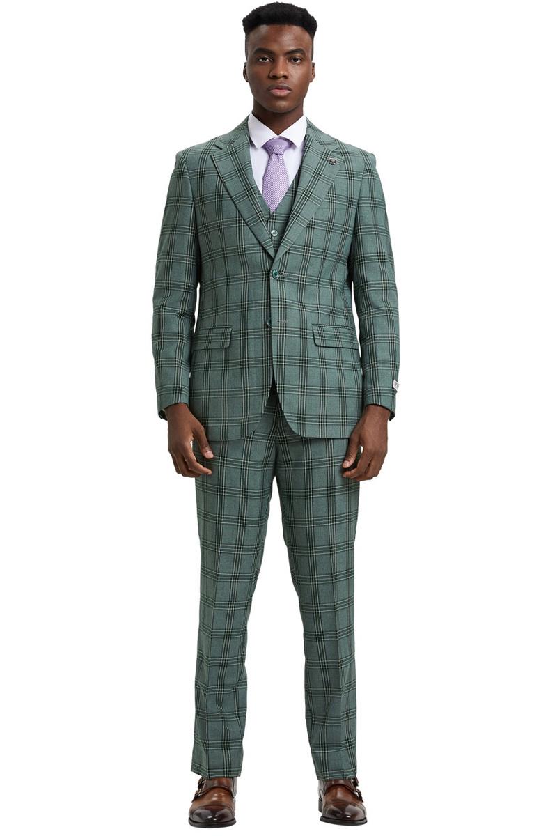 Men’s Stacy Adams Two Button Vested Glen Plaid Check Suit in Light Olive Green