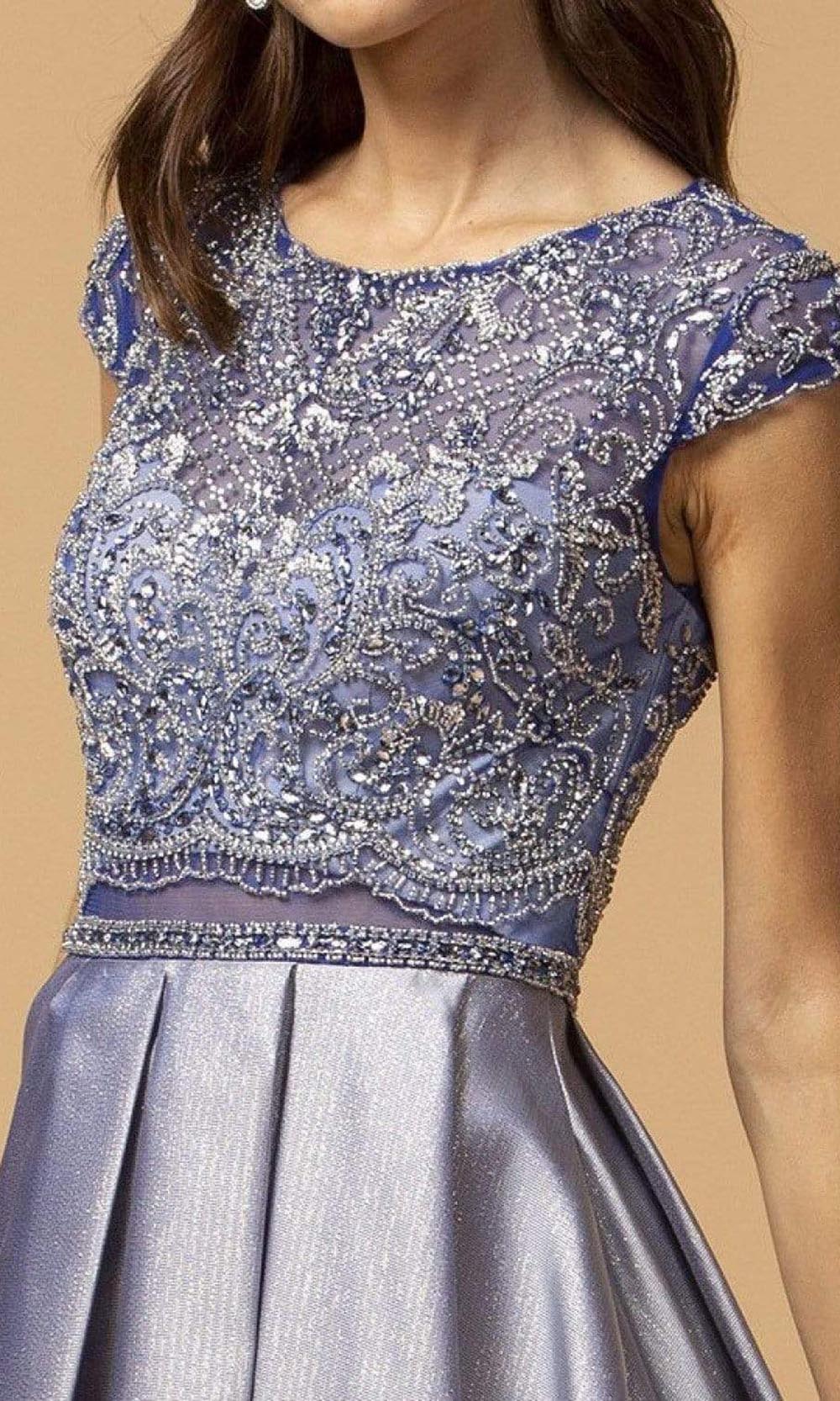 L2157 Faux Two-Piece Beaded Cap Sleeve Dress