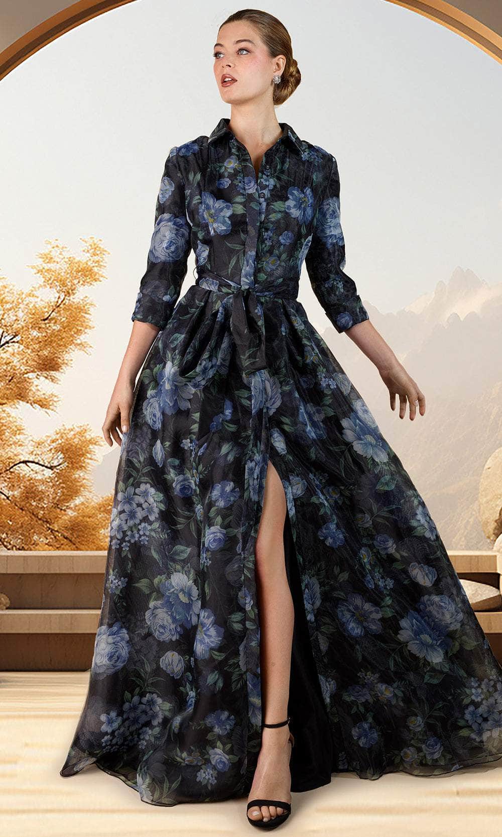 Collar Neck Floral Evening Dress