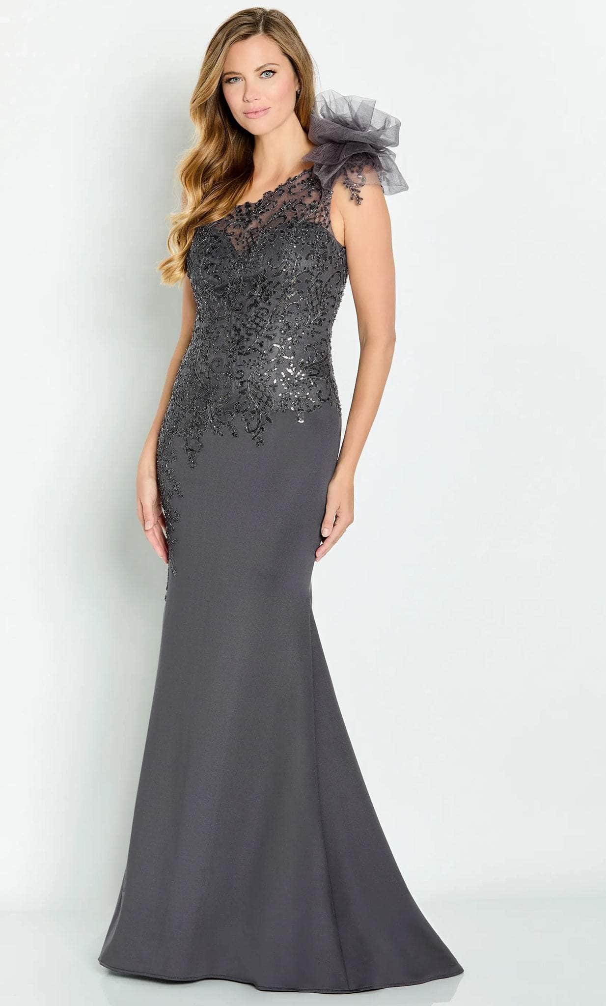 Asymmetrical Appliqued Formal Gown