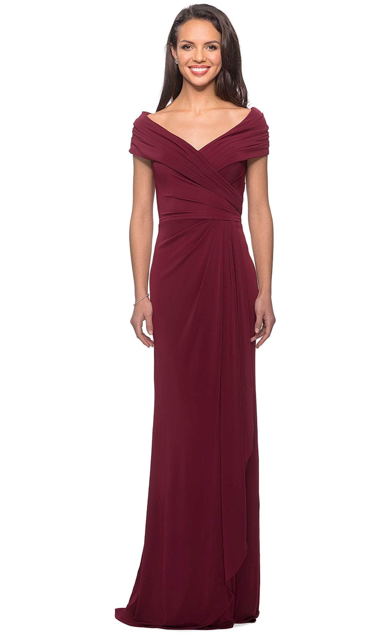 26519 Off Shoulder V Neck Long Sheath Jersey Gown