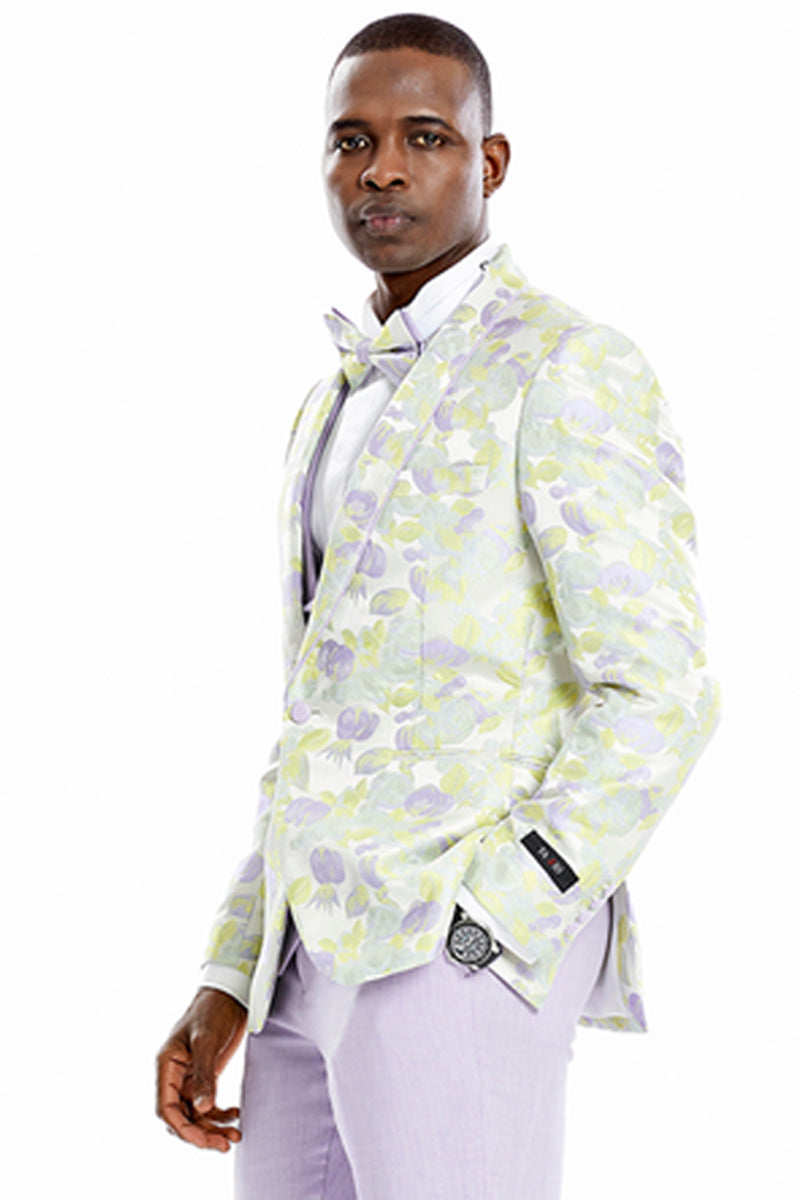 Men’s One Button Vested Water Color Tulip Floral Print Wedding Dinner Jacket Tuxedo Suit in Lilac
