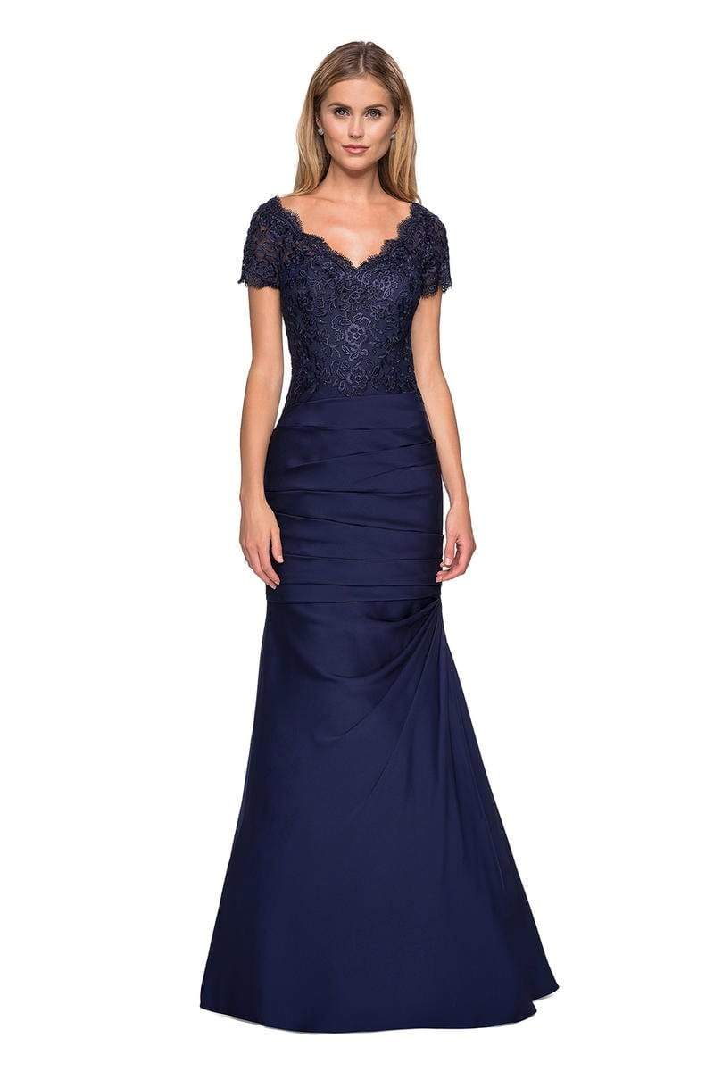 26979 Short Sleeve Lace Bodice Pleated Trumpet Gown