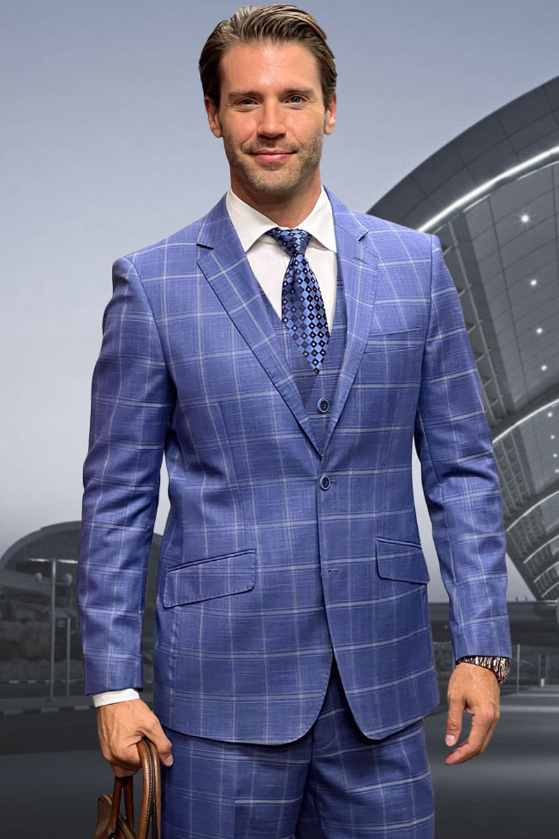 Men’s Designer Two Button Vested Wool Windowpane Suit in Indigo Blue