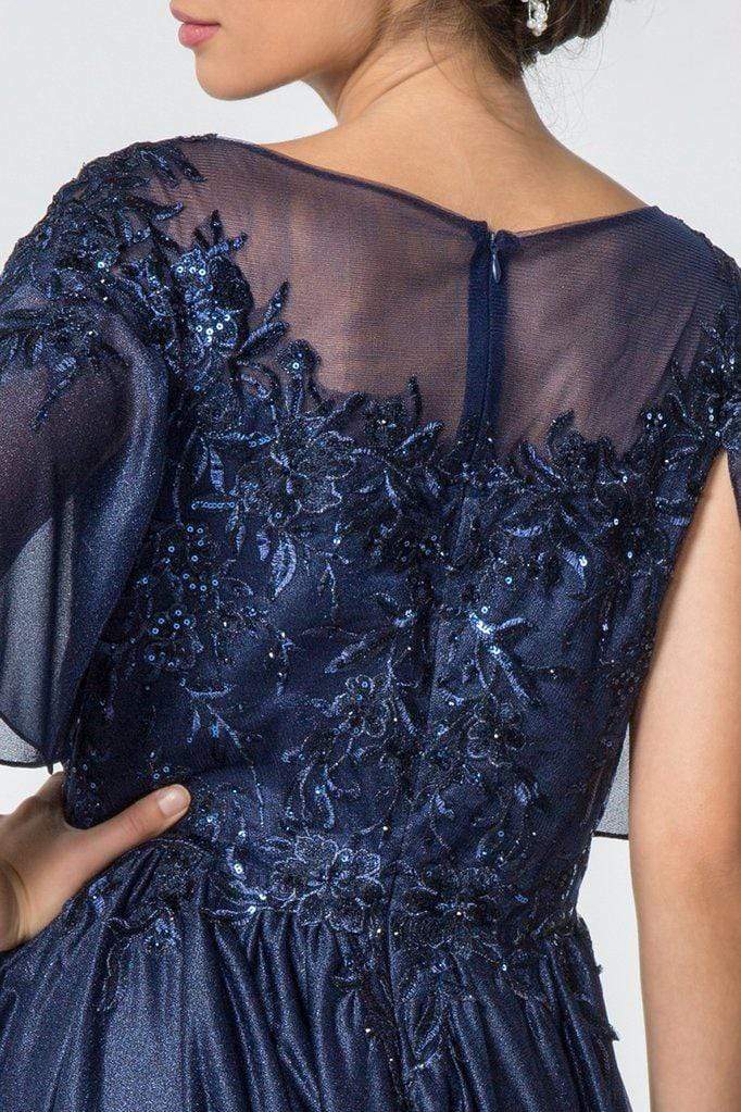 GL2830 Sheer Cape Sleeve Appliqued Chiffon Dress