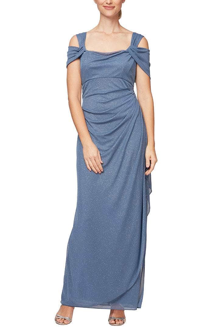 133026 Cold Shoulder Empire Waist Glitter Mesh Dress