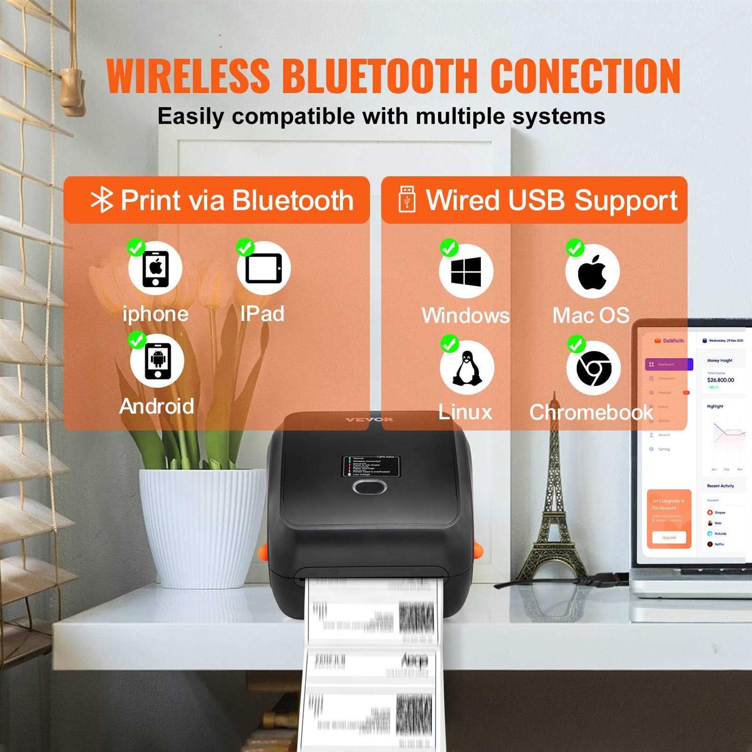 VEVOR Thermal Label Printer 4×6 300dpi USB/Bluetooth for Amazon eBay Etsy UPS