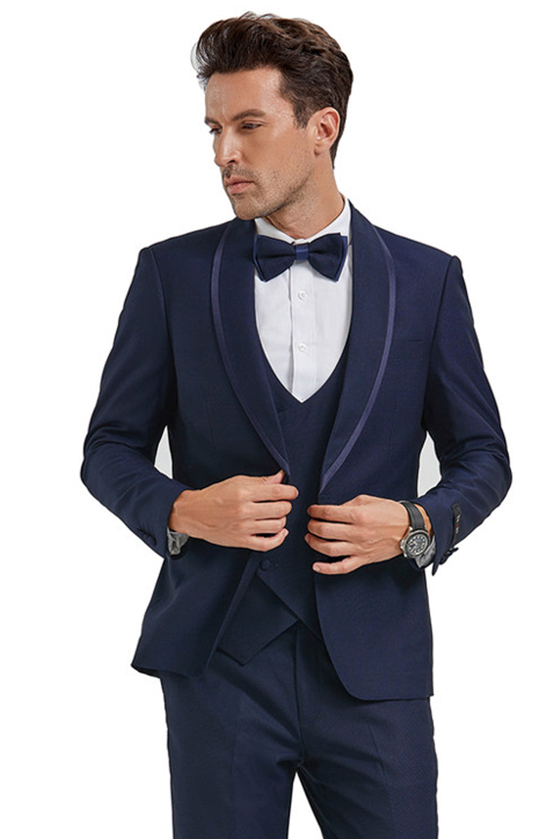 Men’s One Button Vested Shawl Tuxedo in Navy Blue Birdseye with Blue Satin Trim