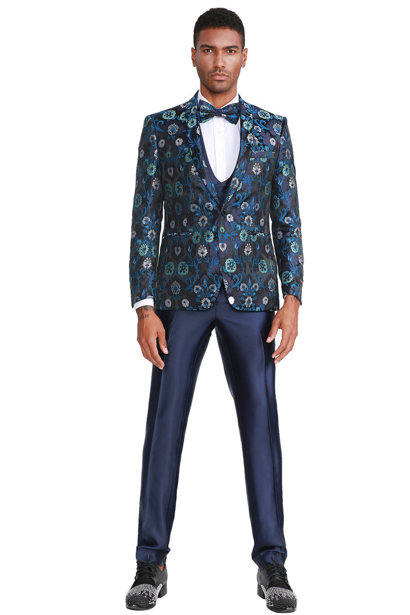Men’s One Button Vested Floral Print Prom & Wedding Tuxedo with Satin Vest and Pants in Navy Blue