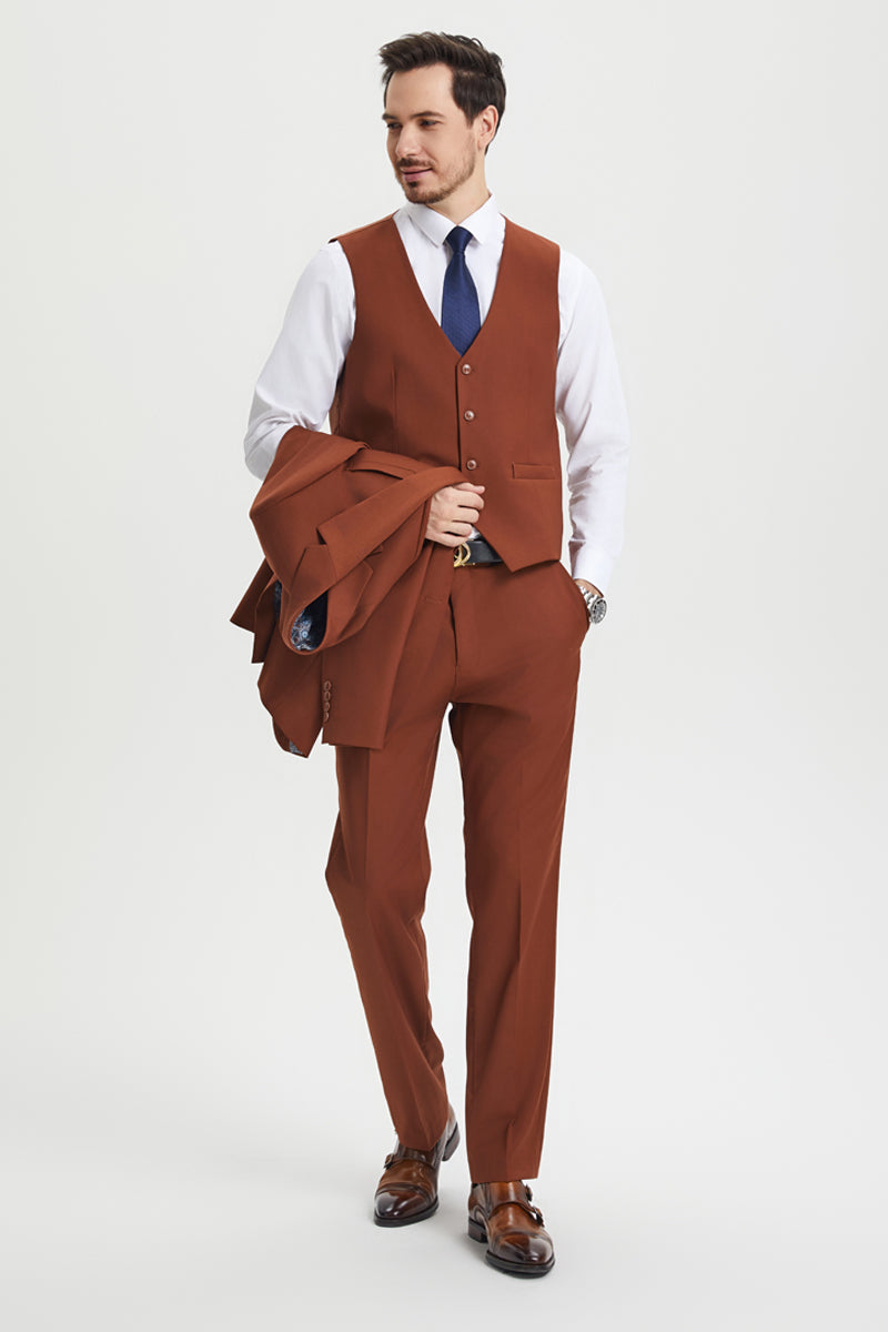 Men’s Two Button Vested Stacy Adams Basic Designer Suit in Brown Rust