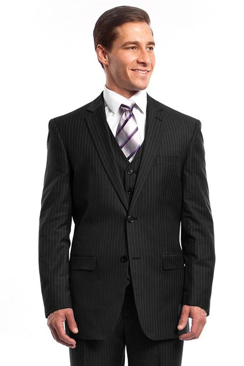 Men’s Two Button Vested Business Suit in Black Pinstripe