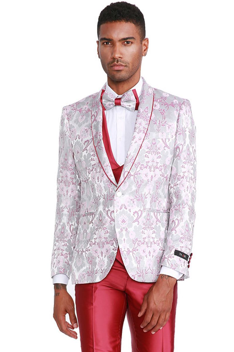 Men’s One Button Vested Floral Print Prom & Wedding Tuxedo with Satin Vest and Pants in Pink