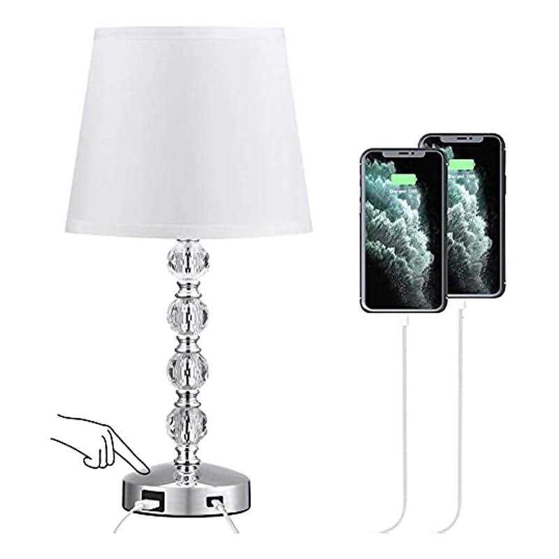Touch Control Crystal Table Lamp with USB Port 3 Way Dimmable Nightstand 17” Bedside Small Lamps with White Fabric Shade for Bedroom