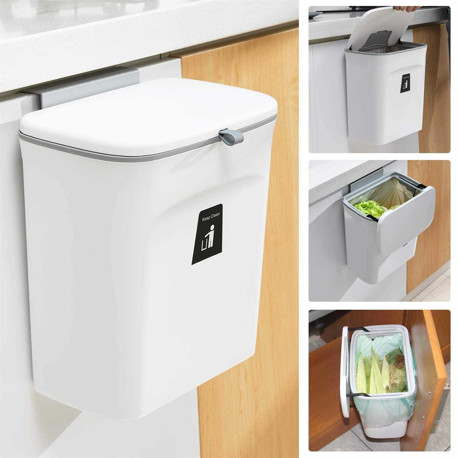 Tiyafuro 2.4 Gallon Kitchen Compost Bin for Counter Top or Under Sink Hanging Small Trash Can with Lid for Cupboard/bathroom/bedroom/office/camping