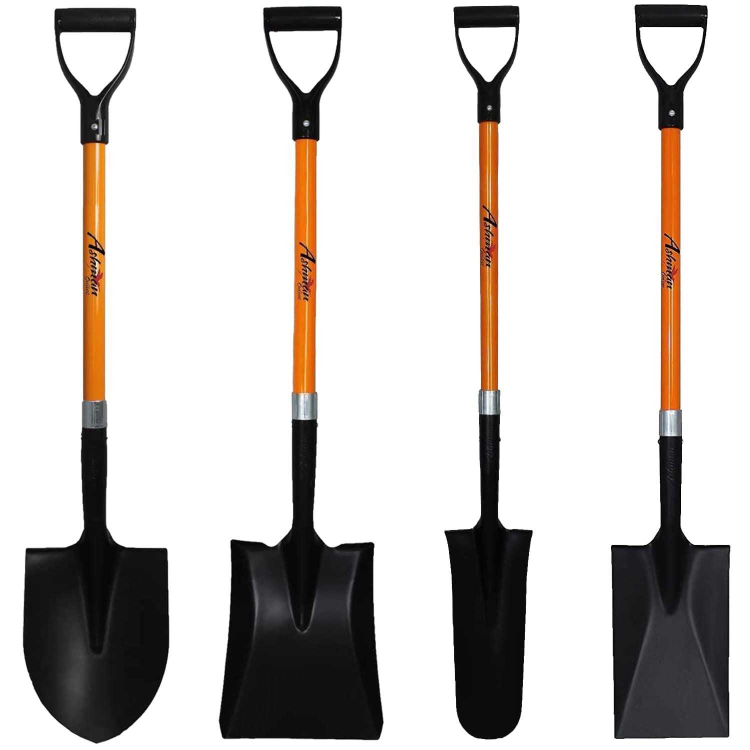 Ashman Assorted 4 Shovels Long D Handle Grip Round Shovel, Square Shovel, Drain Spade Shovel, and Spade Shovel Premium
