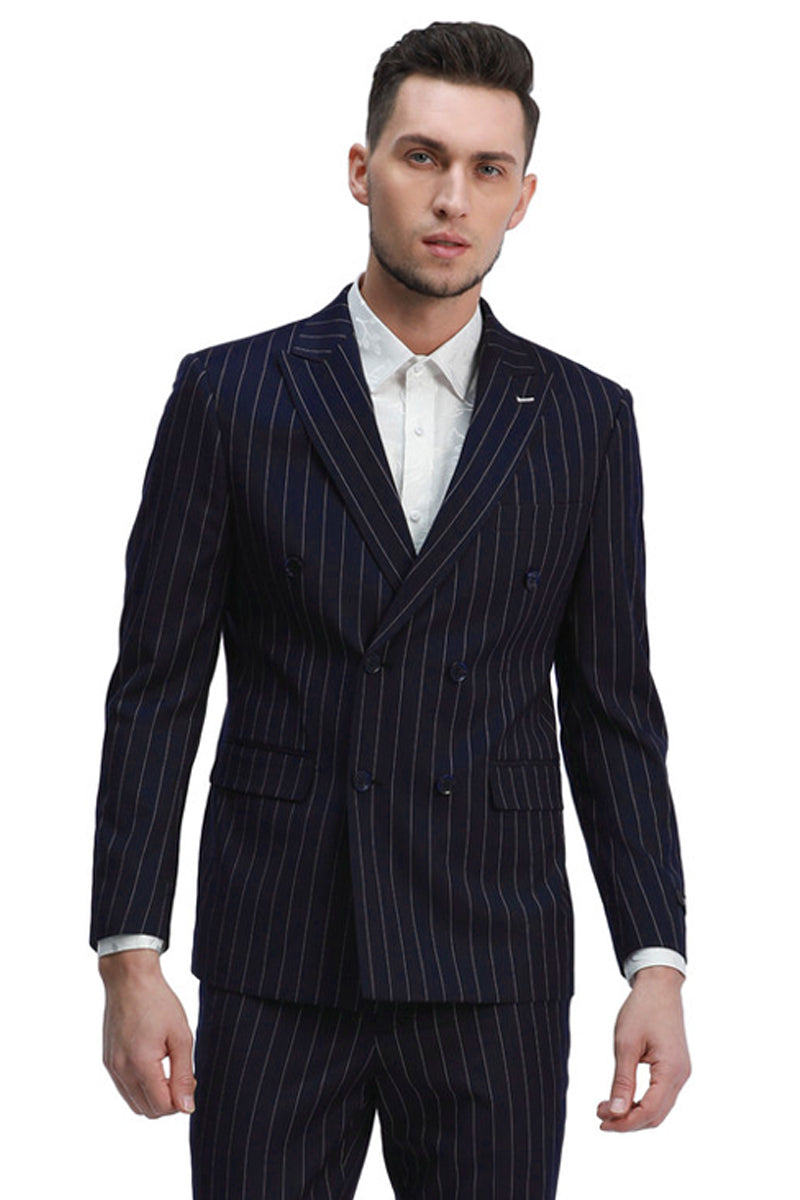 Men’s Slim Fit Double Breasted Bold Gangster Pinstripe Suit in Navy Blue