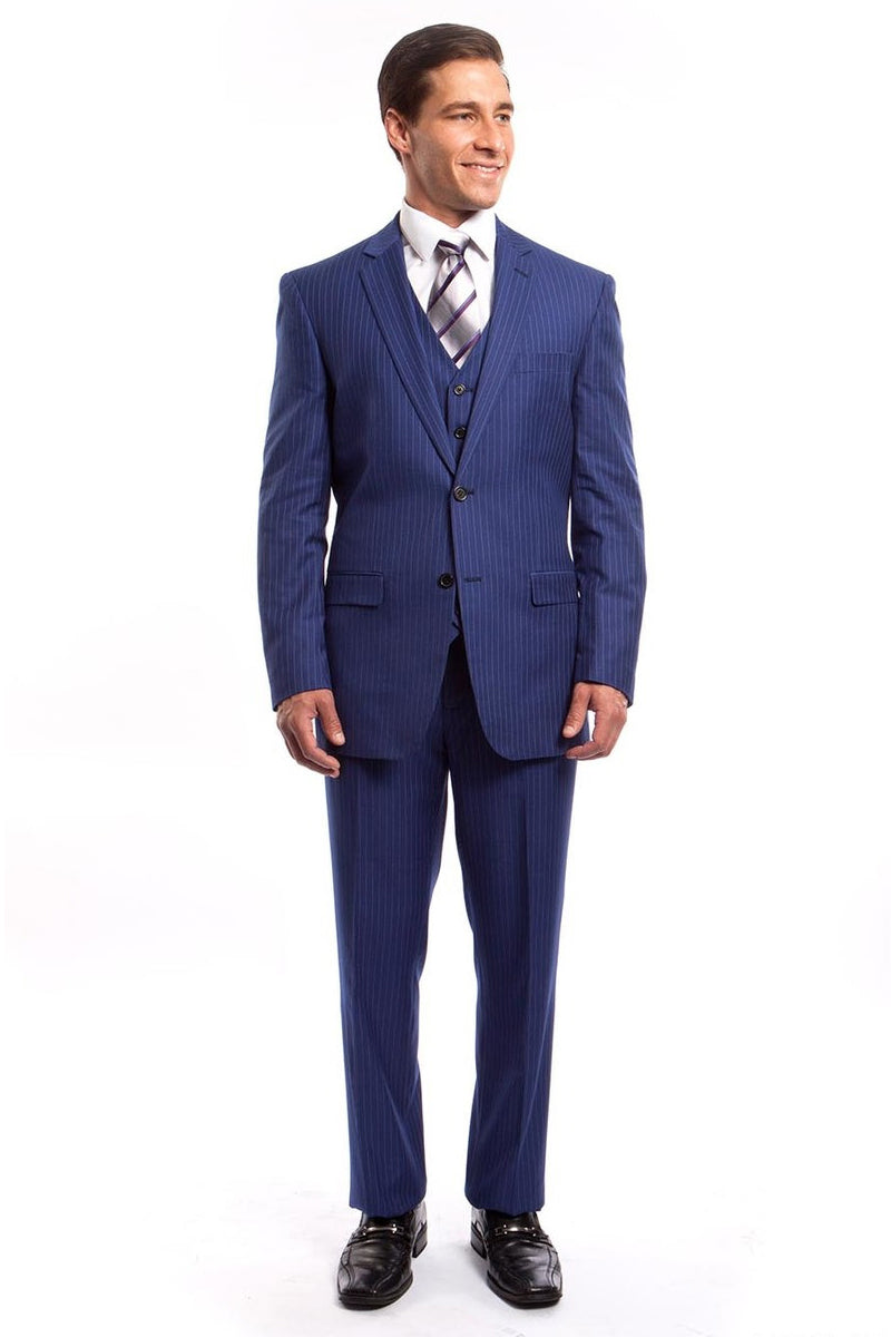 Men’s Two Button Vested Business Suit in French Blue Pinstripe
