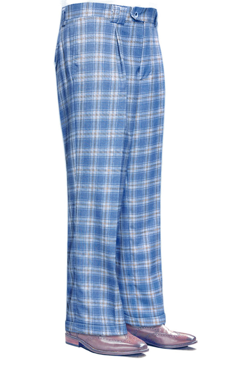 Men’s Designer Wool Pleated Wide Leg Dress Pants in Light Blue Plaid