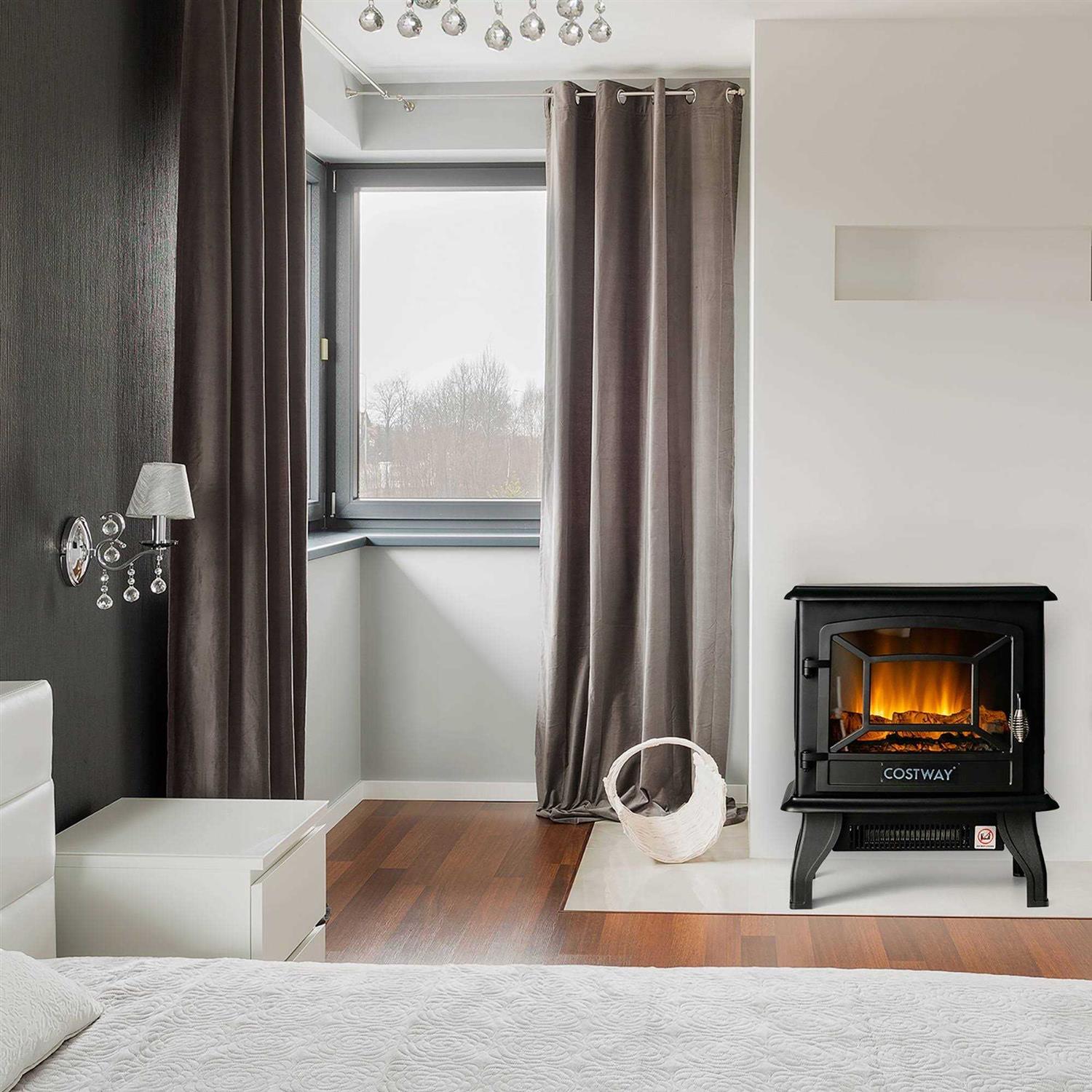 Costway 20&” Freestanding Electric Fireplace Heater Stove W/ Thermostat & Flame Effect