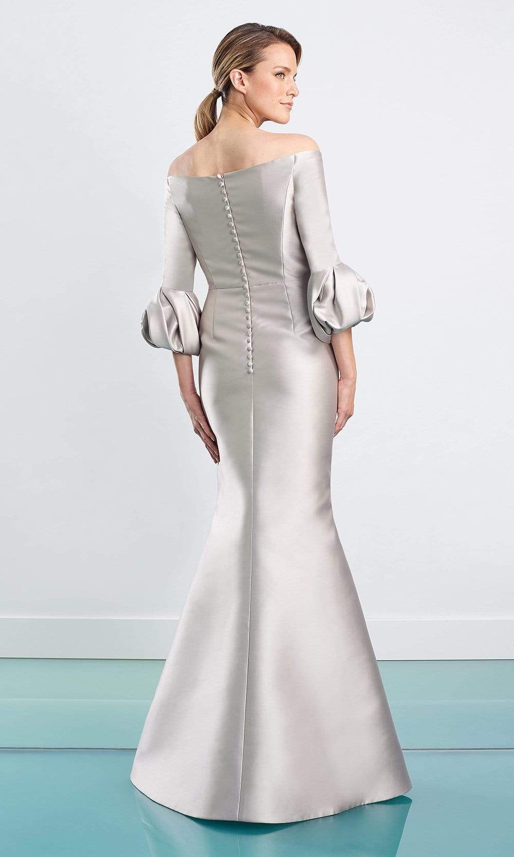 1465 Off Shoulder Faux Wrap Trumpet Gown