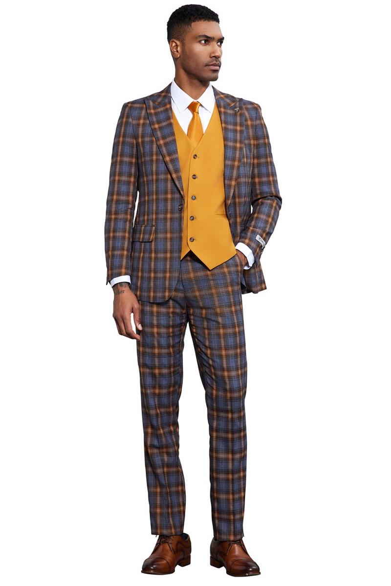 Men’s Stacy Adams Bold Windowpane Plaid Print Vested Suit in Grey & Gold