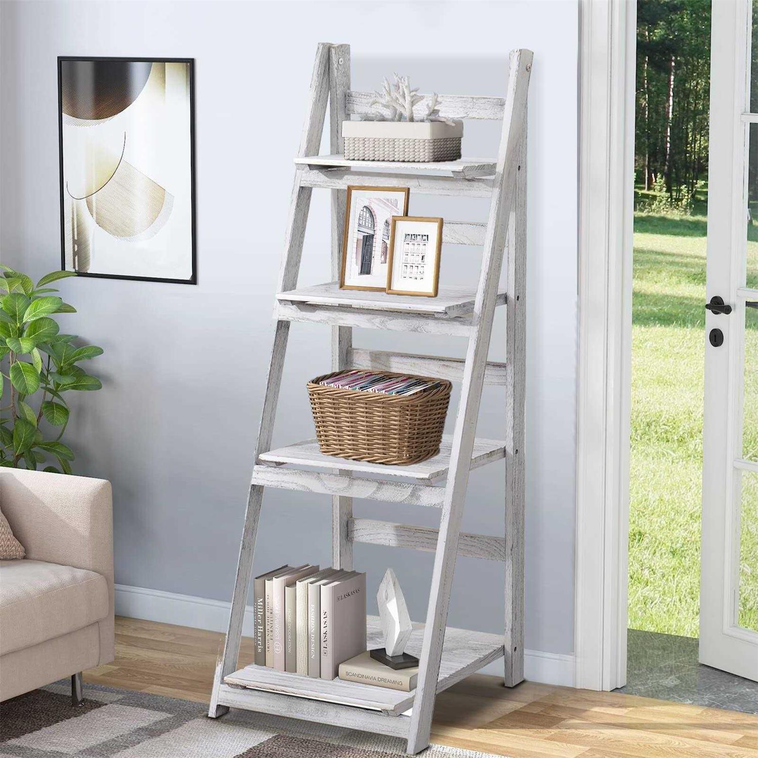 Babion 4-tier Ladder Shelf Plant Shelf Ladder Shelves Brown Shelf Stable Wooden Shelf Freestanding Flower Stand Indoor Flowerpot