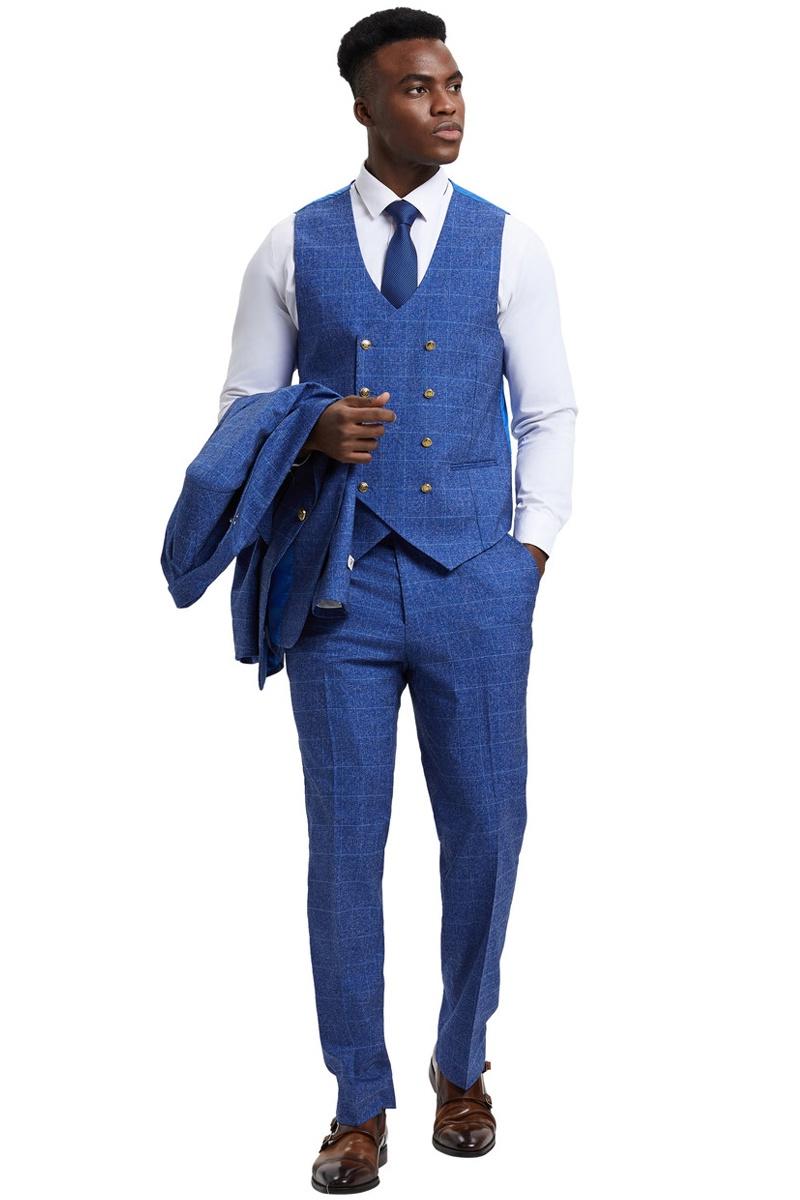 Men’s Stacy Adams Peak Lapel Suit with Double Breasted Vest in Blue Windowpane Plaid