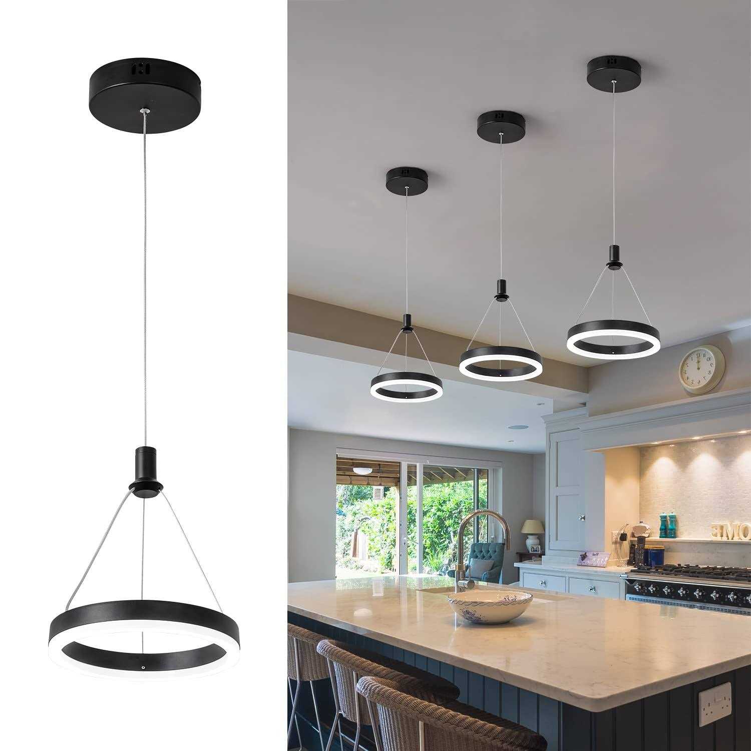 Viruhaka Dimmable LED Pendant Light Kitchen Island 15W Modern Dining Room Black Chandelier 1-Ring Pendant Lighting Bedroom Bedside 59in Cord
