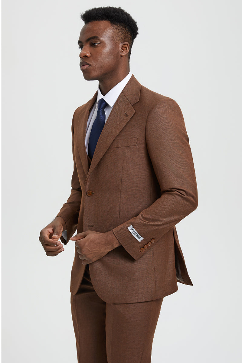 Men’s Two Button Vested Stacy Adams Designer Sharkskin Suit in Cognac