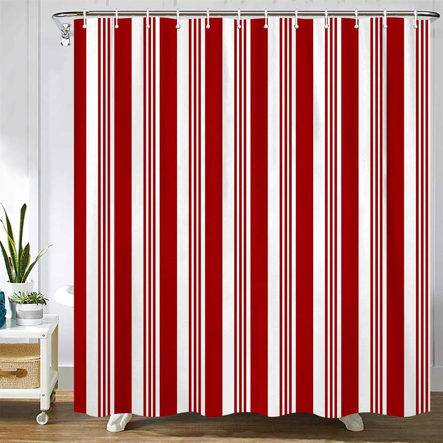 Abaysto Abstract Red and White Striped Candy Cane Pattern Christmas Polyester Fabric Shower Curtain Sets with Hooks Waterproof Bathroom Decor