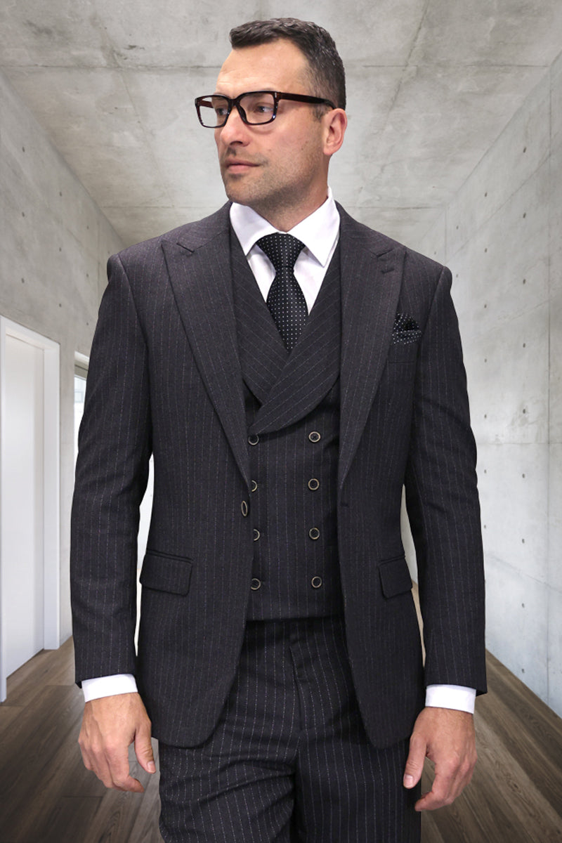 Men’s Designer Vested Wool One Button Peak Lapel Suit in Black Pinstripe