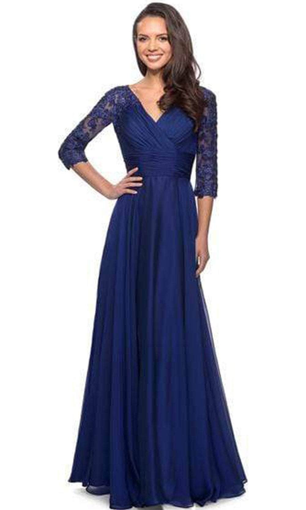 27153 Sheer Lace Quarter Sleeves Empire Waist Chiffon Gown
