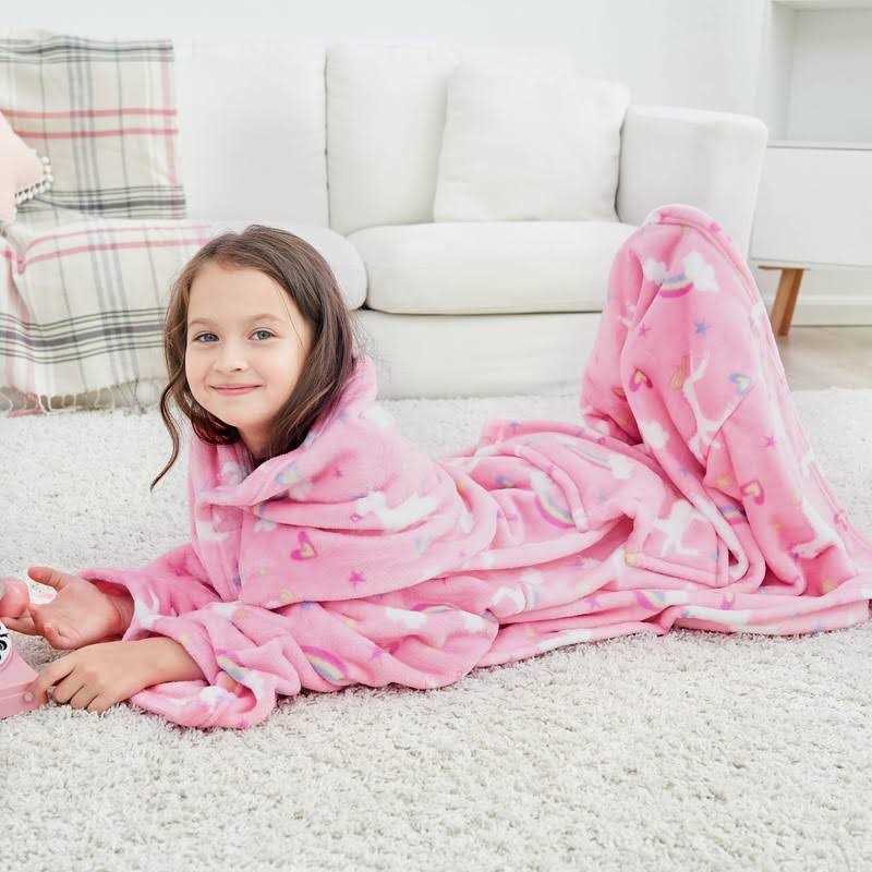 Wearable Fleece Blanket With Sleeves & Foot Pocket For Kids Boys Girls Children,Lightweight Soft Blanket With Sleeves and Hook & Loop