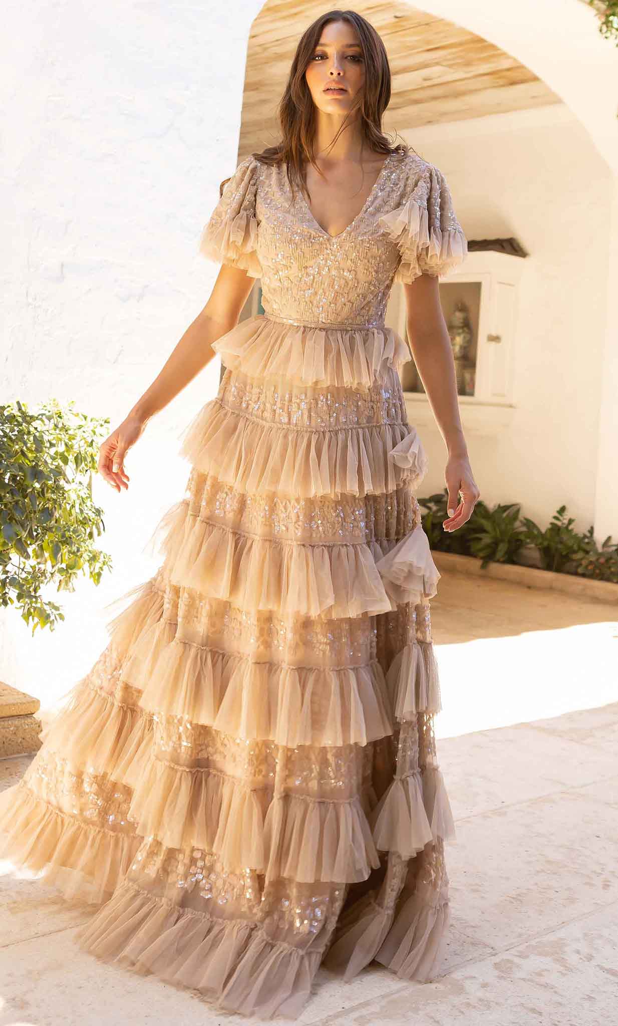 Tiered Tulle Sequined Long Gown