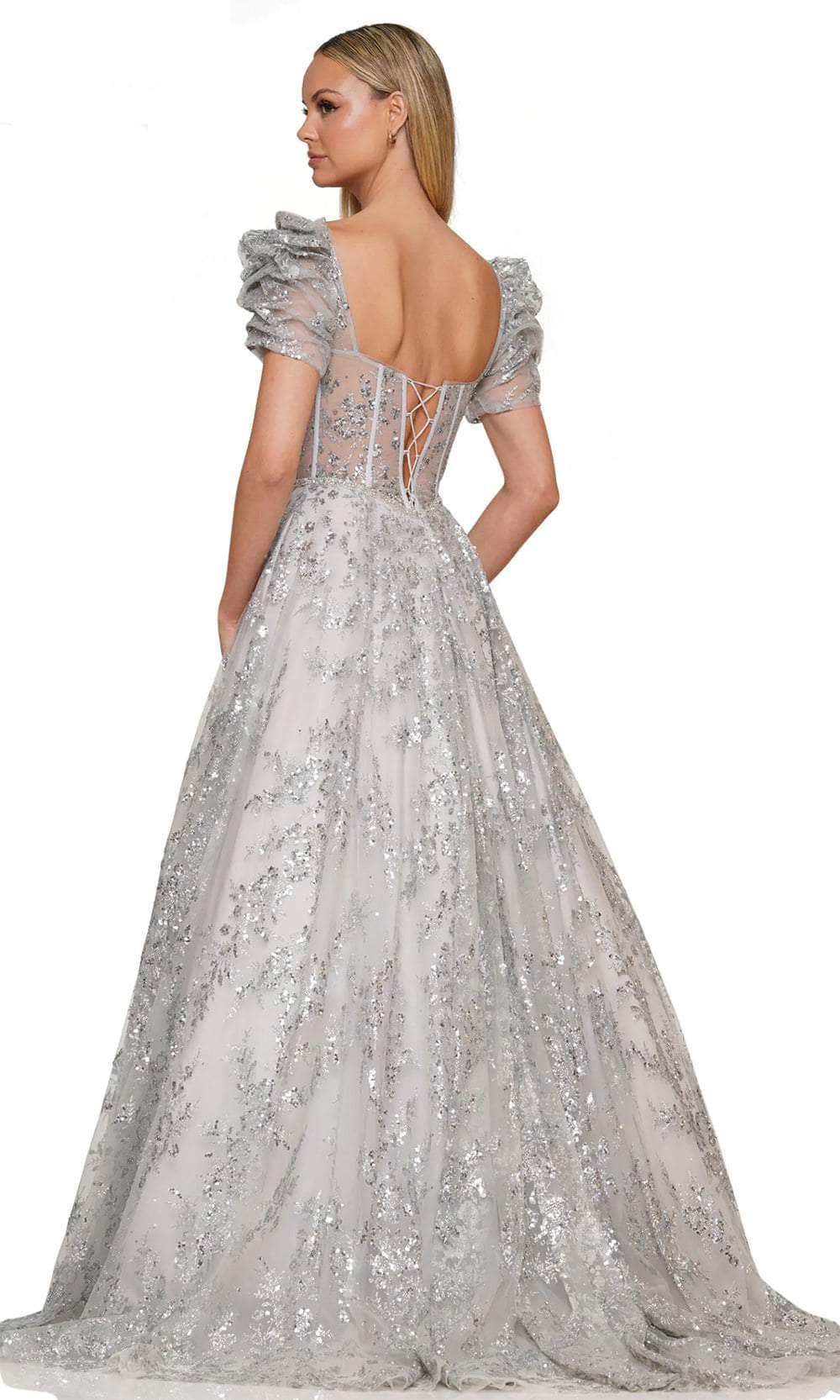 Puff Sleeve Glitter Prom Dress