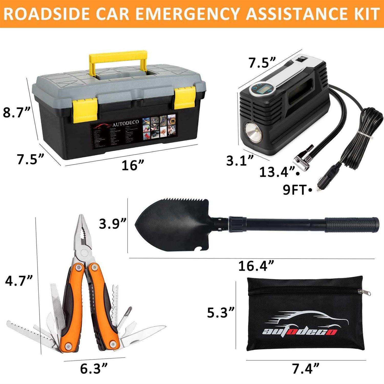 Autodeco 98 Pcs Roadside Car Emergency Assistance Kit with Portable Air Compressor Jumper Cables Safety Hammer All in One Pliers Tool Set