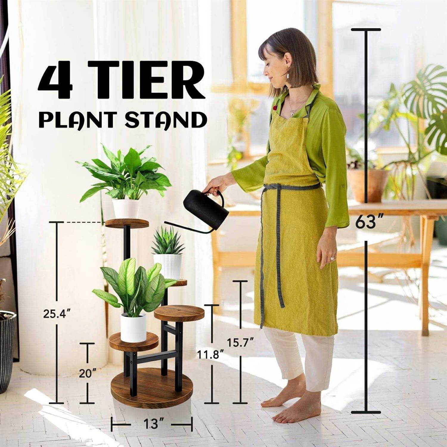 AUGOSTA 3 Tier Plant Stand Tall Metal Wood Shelf Holder for Indoor
