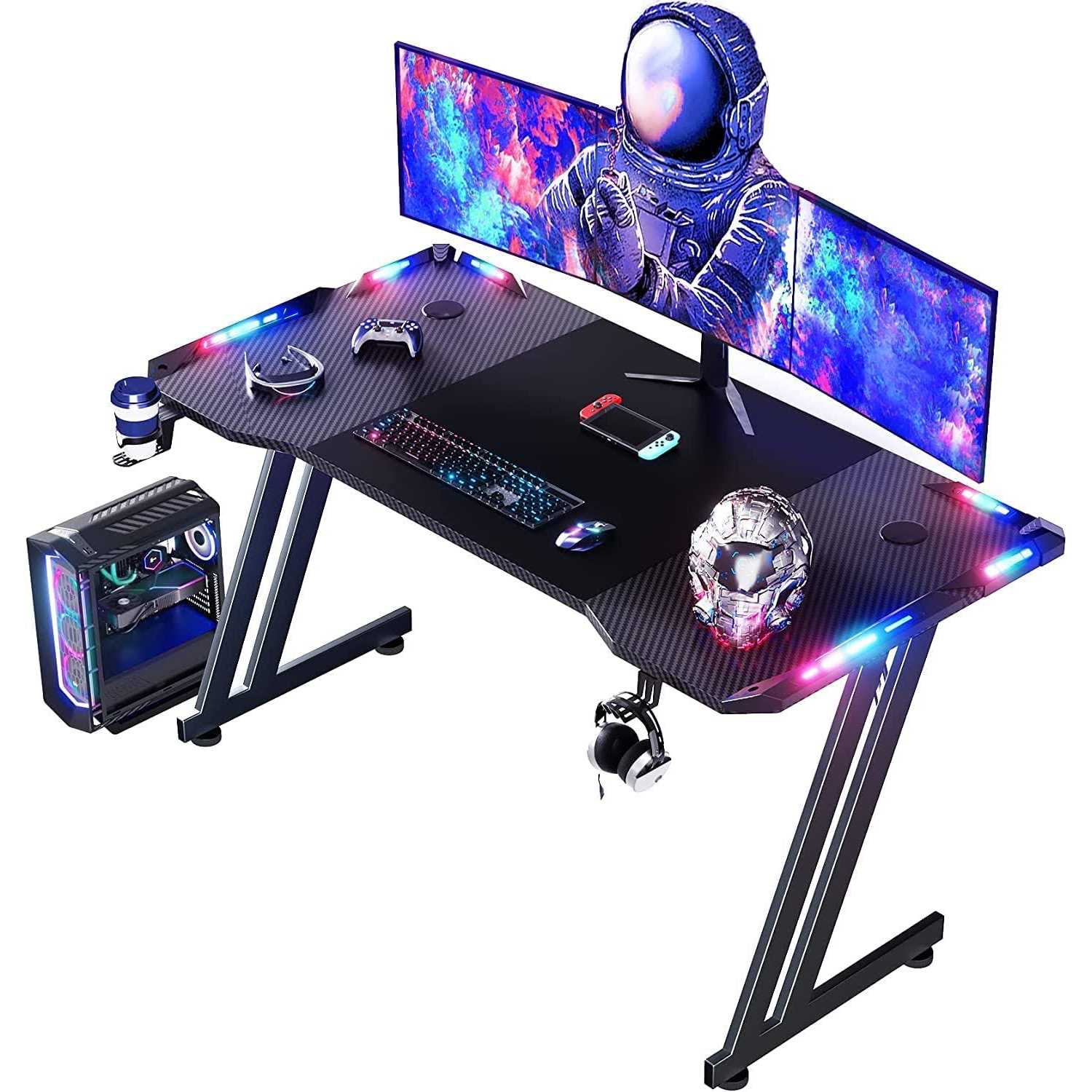 Hldirect 47 Inch Gaming Desk with LED Lights Carbon Fibre Surface Gaming Table Large Computer Desk Ergonomic Home Office Desks Z Shaped PC Gamer