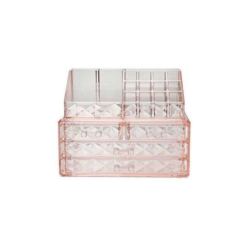 ZHIAI Jewelry and Cosmetic Boxes with Brush Holder Pink Diamond Pattern Storage Display Cube Including 4 Drawers and 2 Pieces Set