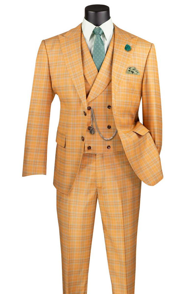 Men’s Summer Windowpane Plaid Suit with Double Breasted Vest in Orange