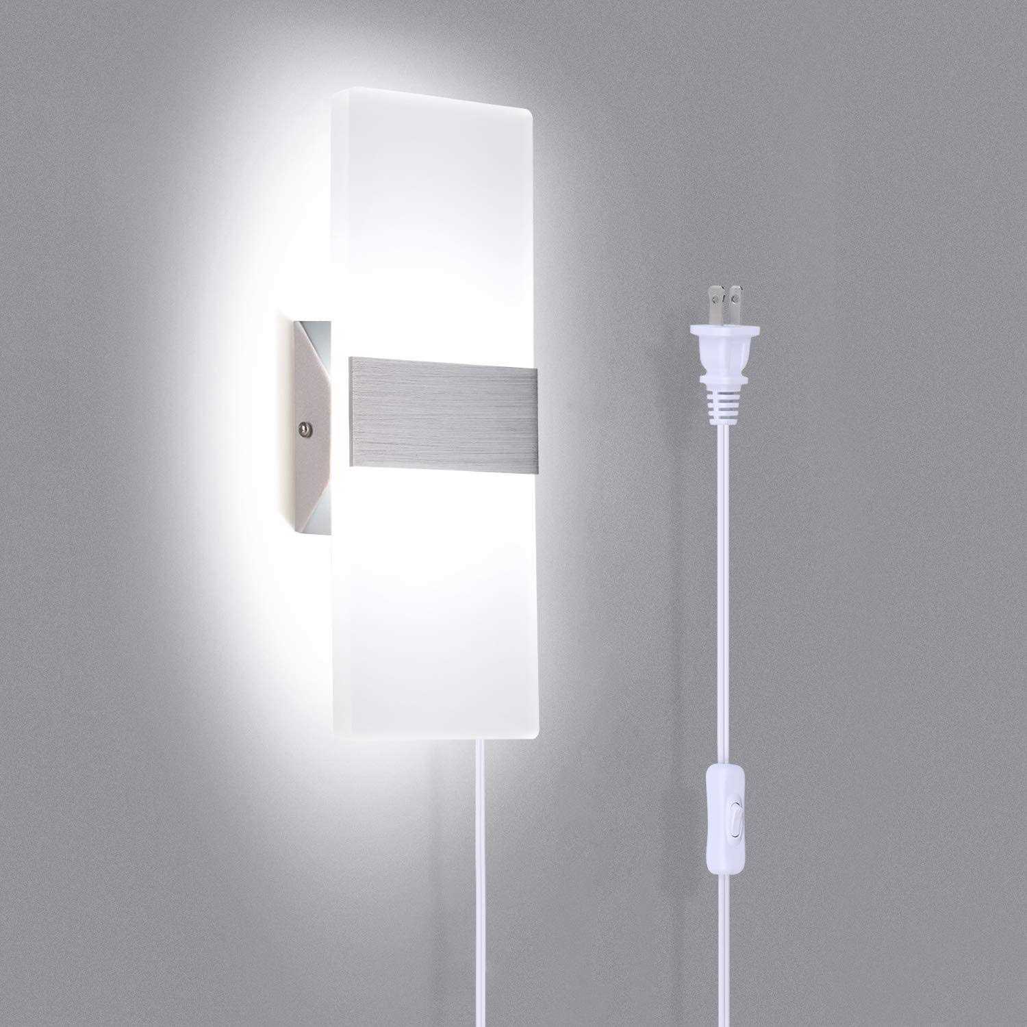 Trlife Wall Sconce Plug in, Modern Wall Sconce 12W Wall Mounted Light 6000k Cool White Acrylic LED Wall Lights with 6FT Plug in Cord and On/Off