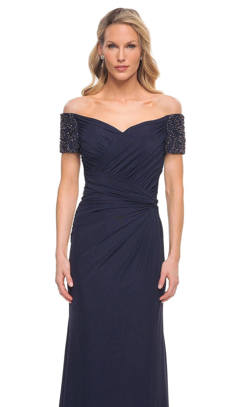 Off Shoulder Pleated Bodice Long Gown