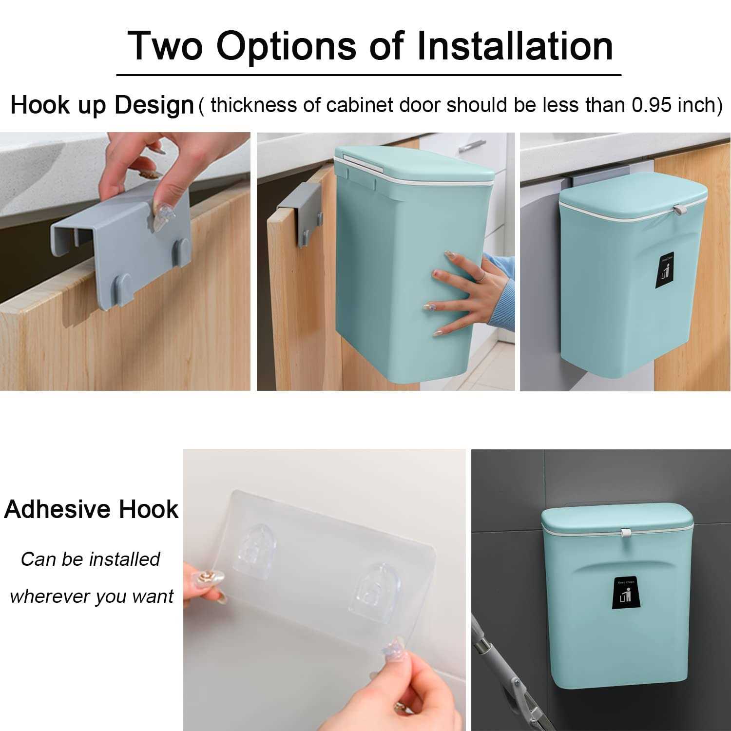 Tiyafuro 2.4 Gallon Kitchen Compost Bin for Counter Top or Under Sink Hanging Small Trash Can with Lid for Cupboard/bathroom/bedroom/office/camping