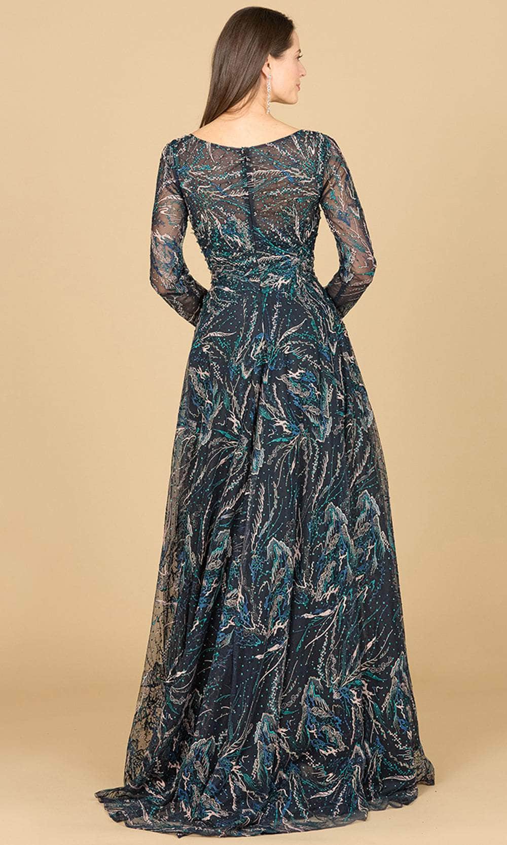 Sheer Long Sleeve Embroidered Ballgown