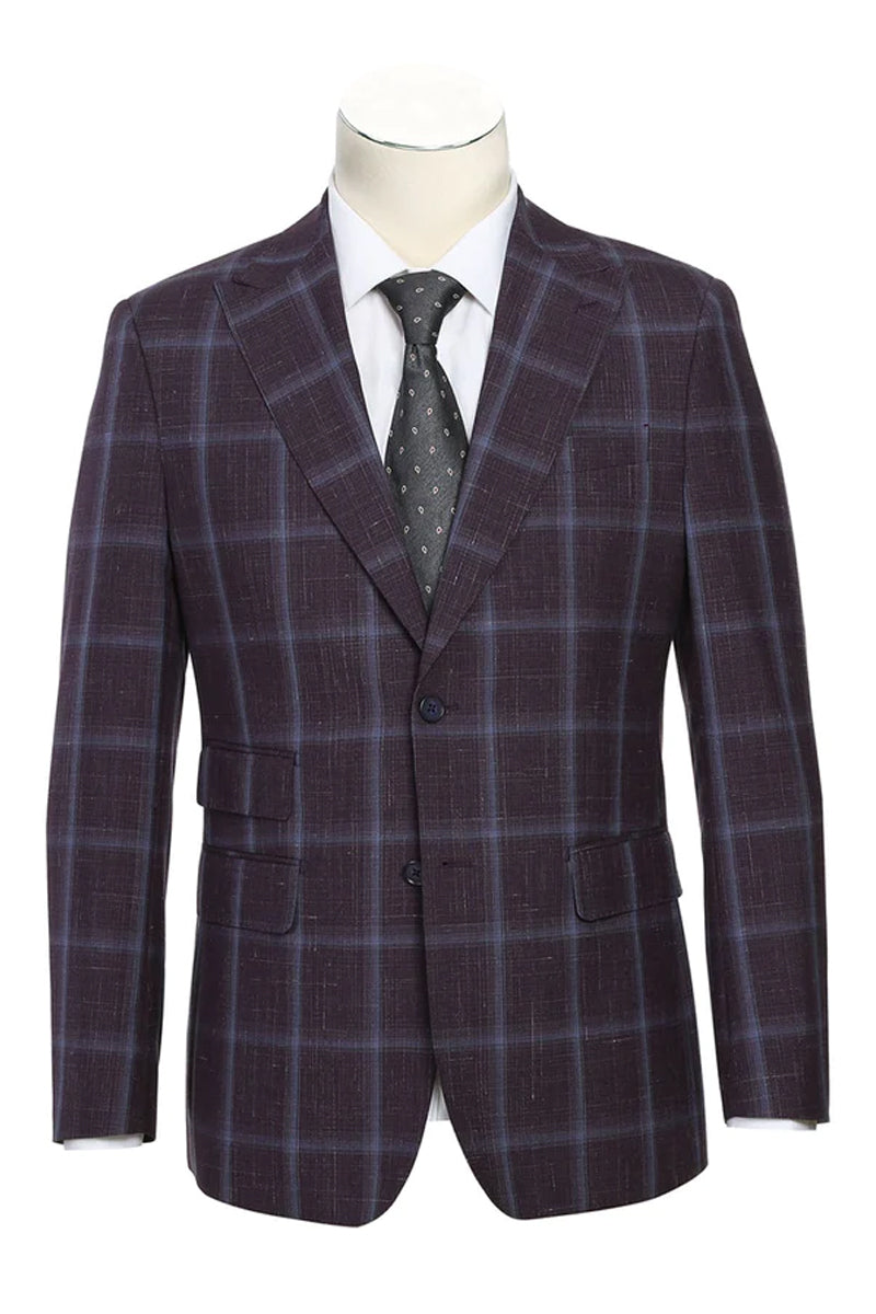 Mens Designer Two Button Slim Fit Peak Lapel Wool Suit in Dark Purple Eggplant Windowpane Plaid Check