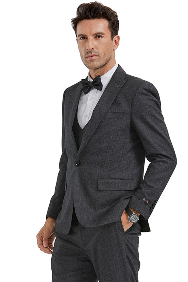 Men’s Slim Fit One Button Peak Lapel Suit with Double Breasted Vest in Charcoal Sharkskin