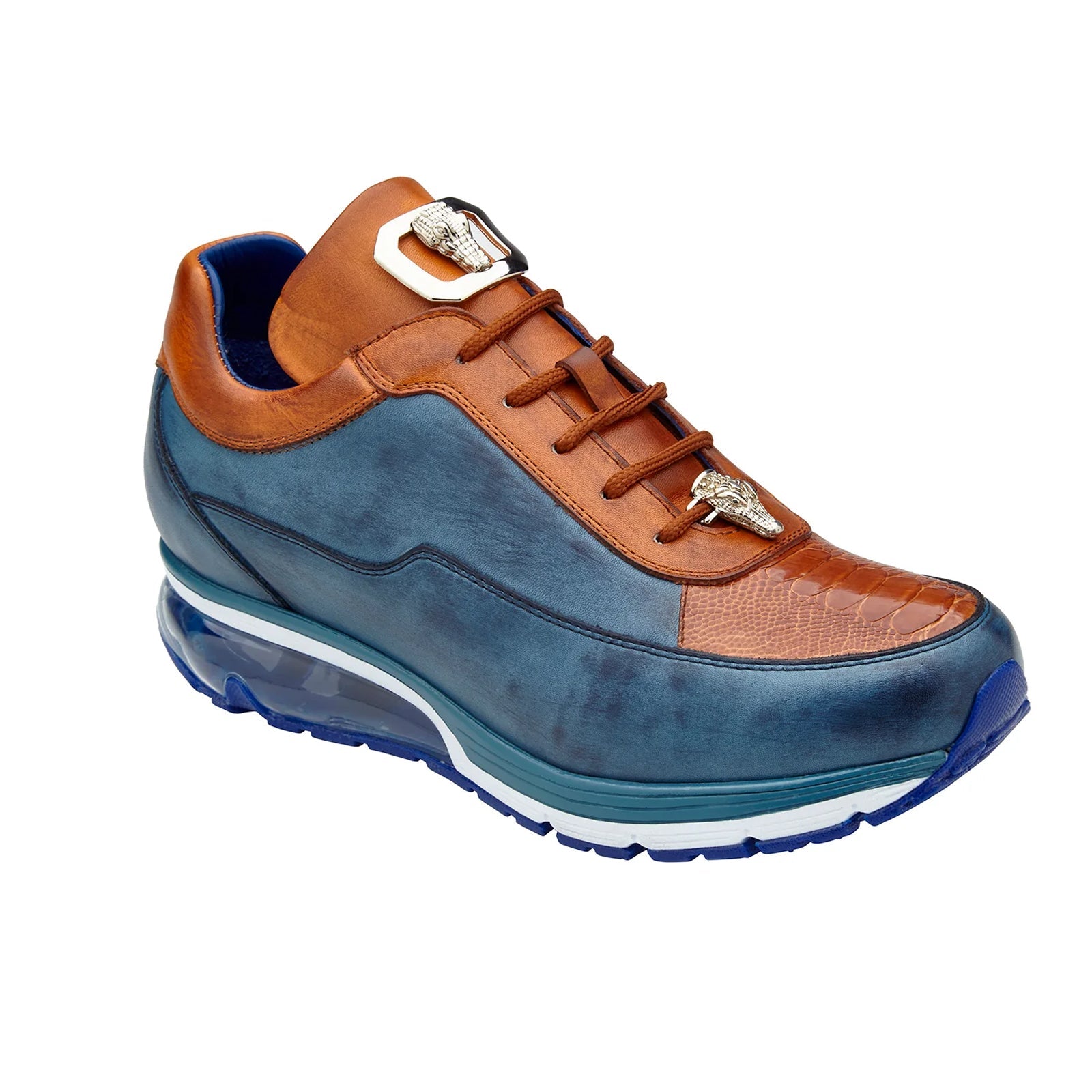 Men’s Belvedere Flash Calf & Ostrich Leg Sneaker in Camel & Blue