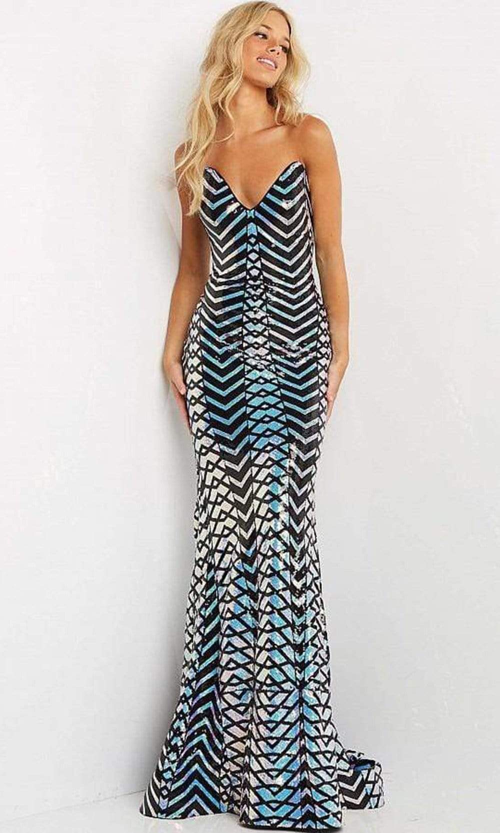 07285 Strapless Zigzag Sequin Long Gown