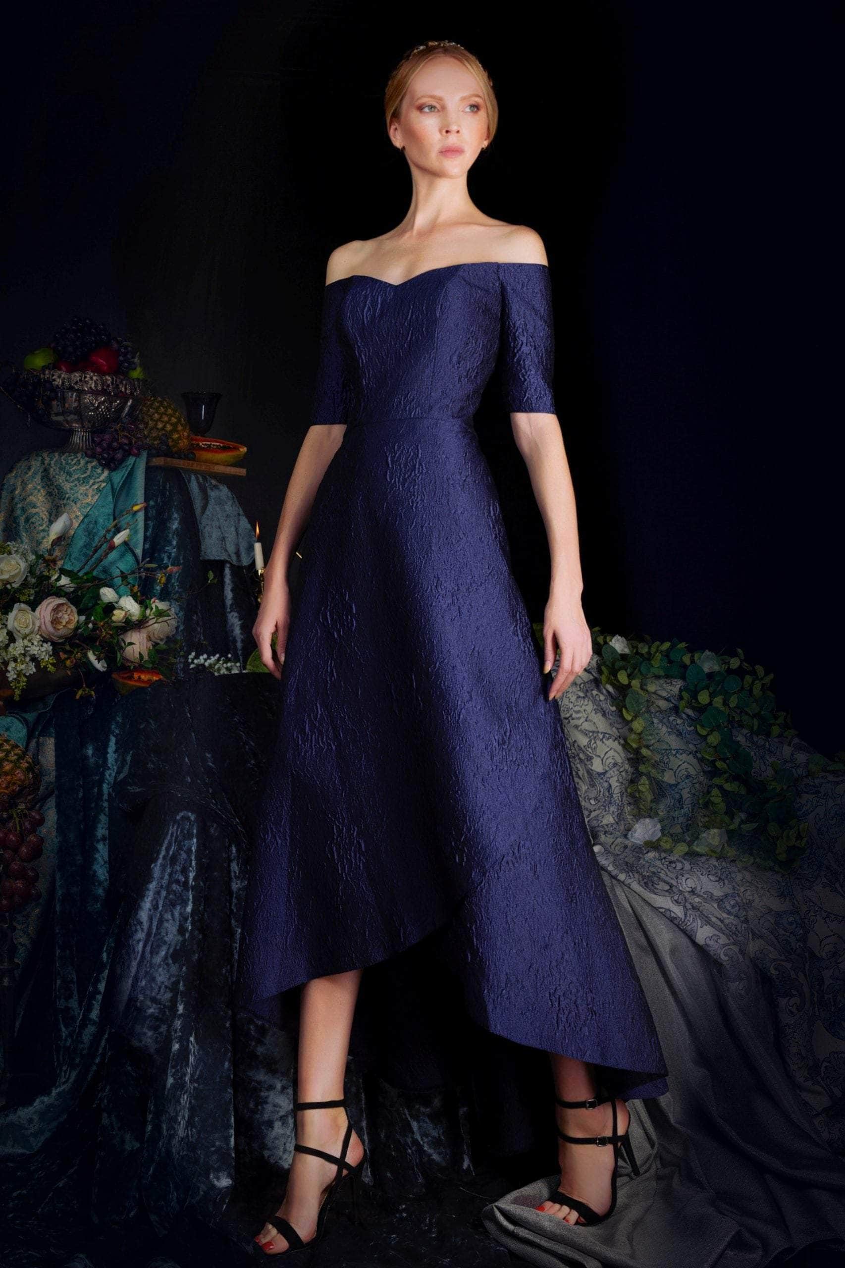 61022 Off Shoulder Jacquard High Low A-line Dress